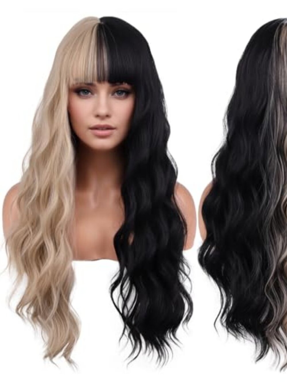 Black and Blonde Long Wavy Curly Wig with Bangs for Women